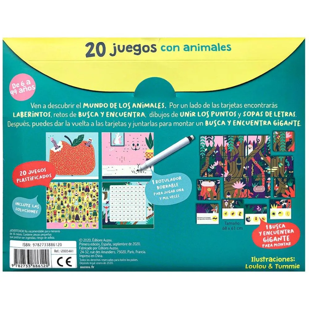 Auzou 20 Juegos de animales*Niños Libros Busca Y Encuentra|Libros Pasatiempos Para Niños Y Niñas