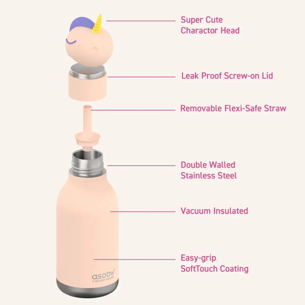 Asobu Botella Bestie Unicorn 460ml ·* Botellas De Agua Termo|Botellas De Agua Para El Cole·Botellas Termo