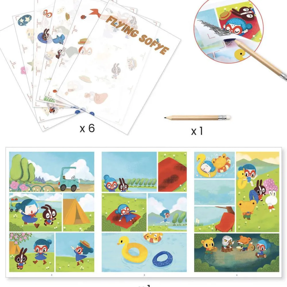 Djeco Calcomanía Comic Flying Sofye ·*Niños Kit De Manualidades
