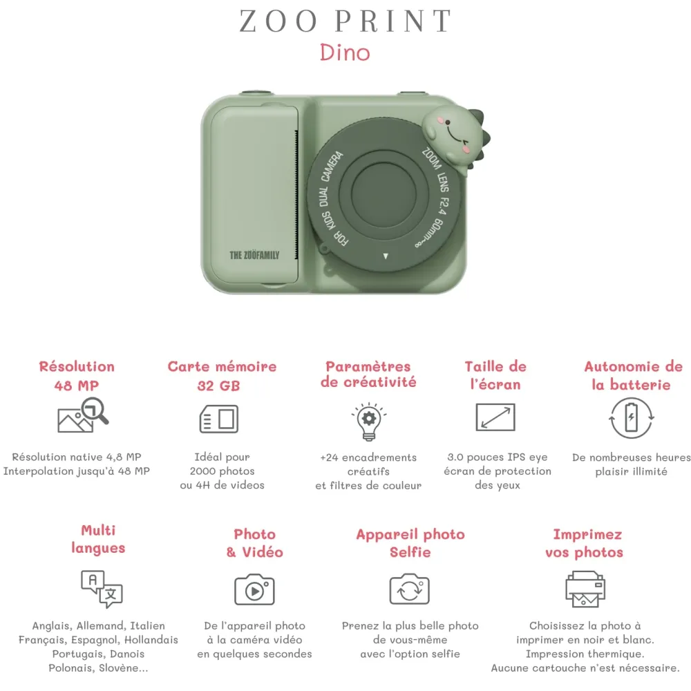 The Zoofamily Cámara Fotográfica instantánea Zoo Print Dino Green ·*Niños Cámaras Infantiles
