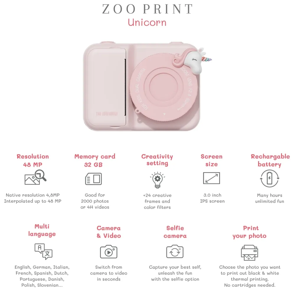 The Zoofamily Cámara Fotográfica instantánea Zoo Print Unicorn ·*Niños Cámaras Infantiles