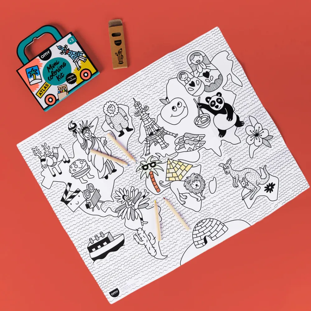 Omy Mini Pocket Atlas para colorear + 4 lápices ·*Niños Juegos De Viaje