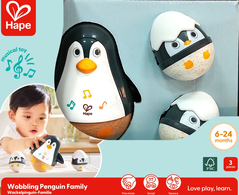 Hape Sonajeros Tentetieso Penguin Family ·*Niños Juguetes De Madera Para Niños|Juguetes De Estimulación Para Bebé