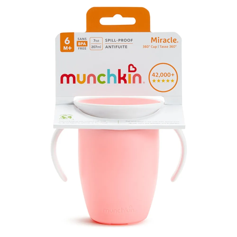 Munchkin Vaso Antiderrame con Asa y Tapa - Miracle 360º Rosa Pastel ·* Vasitos De Agua Infantiles
